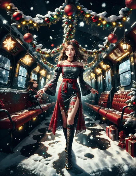 hyper detailed masterpiece, dynamic, awesome quality,ChristmasWintery, constricting full body clothing, round neck, microalgae weave,   bell sleeves, floor-length, empire waist, a-line skirt, lace trims,,knee pads,,open back,,detachable train, tie closure,...