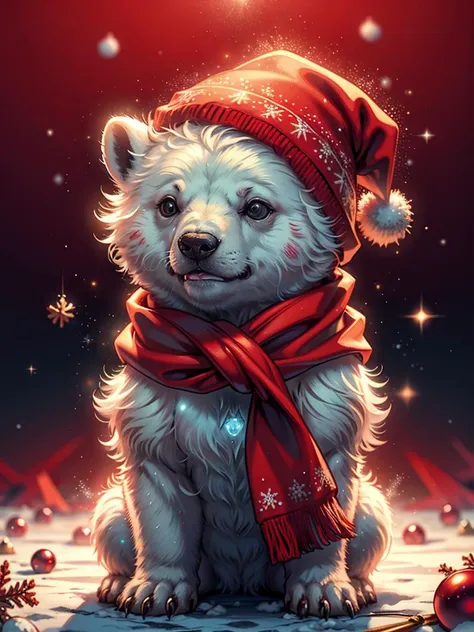 a close up of a polar bear wearing a red scarf and a santa hat