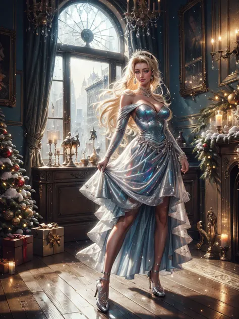 cyberpunk style, Cinderella at the royal ball, futuristic furniture, ball gown that made from (holographic fabric), translucent, crystal slippers, dancing, happy smile, ultrarealistic, best quality, extremely detailed BREAK ca39mv6-110, <lora:ChristmasWint...