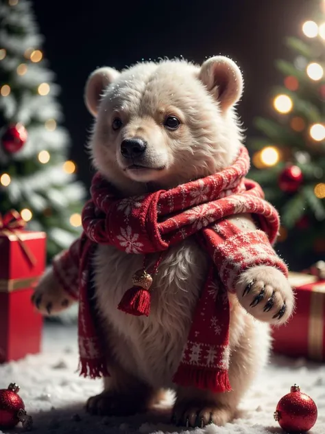 a close up of a teddy bear wearing a scarf and a scarf around its neck