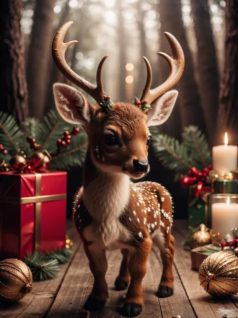 a close up of a deer with a christmas decoration on its head