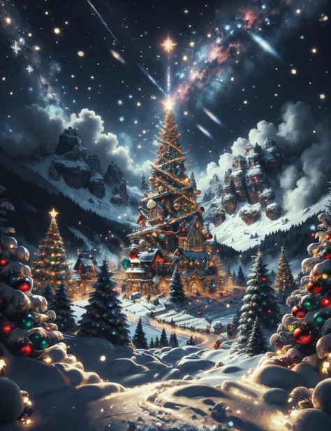 a christmas tree in the snow with lights and snow covered trees