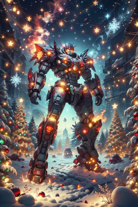 masterpiece, <lora:ChristmasWintery:0.8>ChristmasWintery beetle, (Masterpiece:1.3) (best quality:1.2) (high quality:1.1) ,glowing eyes,fire,glow,standing,taller,larger,no human,neon punk,Glitch Art,universe,mecha,