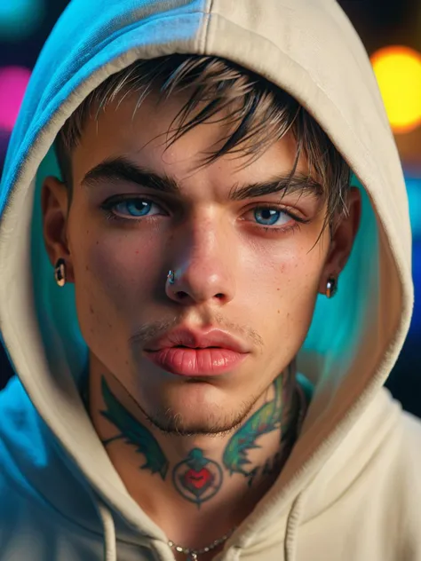 arafed man with a hoodie and piercings on his face