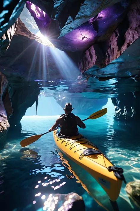 arafed kayaker in a cave with a bright light coming from the water