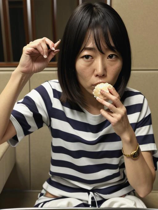 araffe woman sitting on a couch eating a piece of food