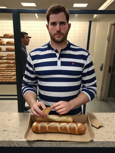 arafed man in striped shirt holding a baguette in front of a counter