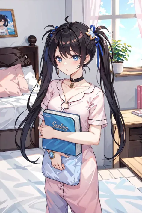 cowboy shot, <lora:TFYulan:0.8>, (1girl, black hair, twintails, blue ribbon, blue eyes), sleepy,(hair ornament, jewelry), (choker:1,2), (sleepwear, pink pajamas,:1.2), (bedroom, bed, pillow, blanket, desk, book_case, curtains, indoors, reflection, sunlight...