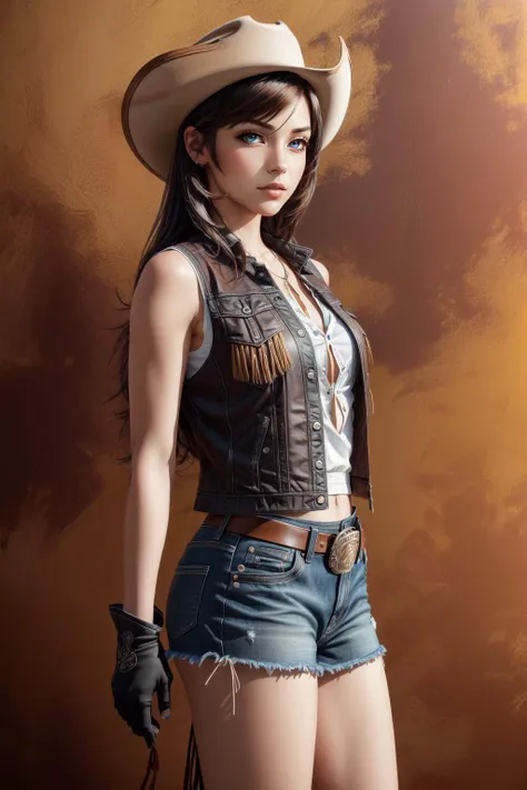 a woman in a cowboy hat and leather vest holding a gun