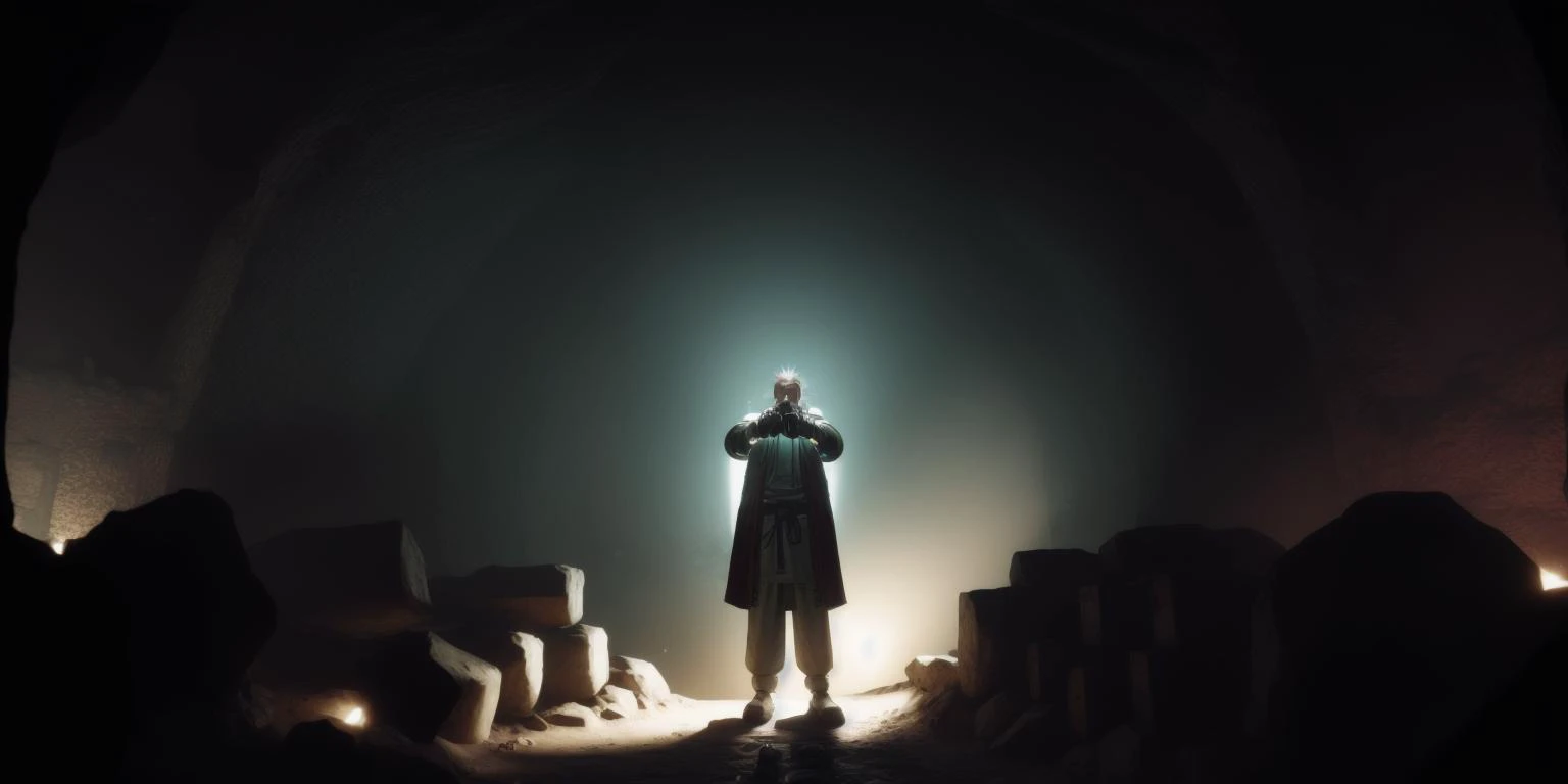 <lora:15MovingMeditations:1>meditation scene: a video game scene with a man standing in a cave