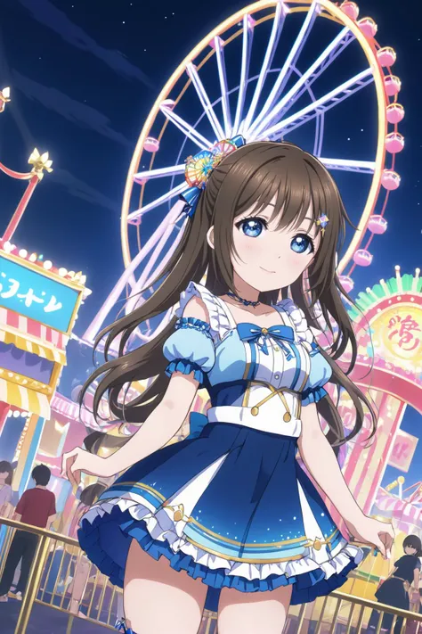 (best quality),((masterpiece)),(highres),extremely detailed 8K wallpaper, 1girl, solo, standing, full body, at night, amusement park, shiny ferris wheel, posing, miniskirt, thigh band, idol costume, frilled dress, short sleeves, hair ornament,  Osaka Shizu...