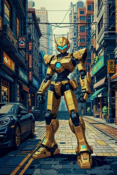 a big gold eyes and who is a robot in a posing in an urban street in the style of detailed pixel artwork, 1508195921121991010120004k, <lora:sdxl_lightning_8step_lora.safetensors:1>, <lora:add-detail-xl.safetensors:2.5>