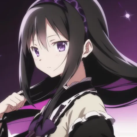 anime girl with long black hair and purple eyes holding a black tie