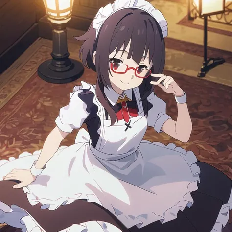 1girl, solo, masterpiece, best quality, illustration, absurdres, cute, film_grain, extremely detailed face, perfect lighting, smile, cowboy shot, <lora:Megumin:0.8>, Megumin, maid, maid dress, glasses, hair ornament,