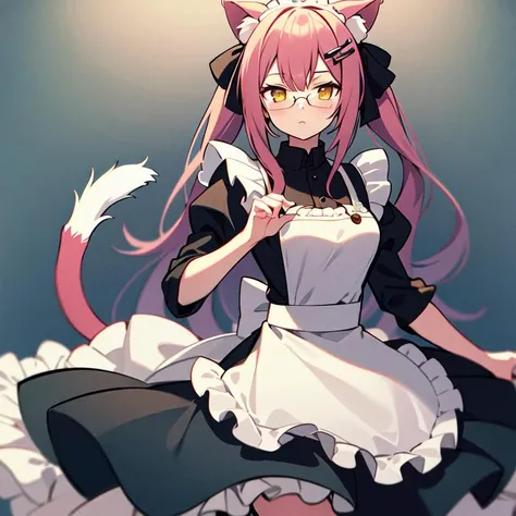 1girl, solo, masterpiece, best quality, illustration, absurdres, cute, film_grain, extremely detailed face, perfect lighting, <lora:Kokonoe:0.7>, kokonoems, animal ears, cat ears, tail, cat tail, multiple tails, cowboy shot, maid, maid dress, glasses, hair...