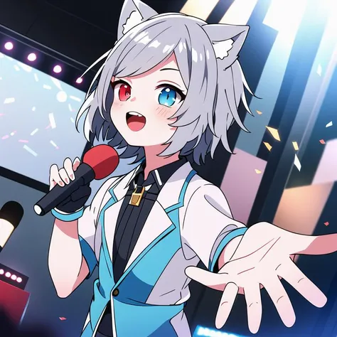 1boy, solo, masterpiece, best quality, illustration, absurdres, cute, film_grain, extremely detailed face, perfect lighting, smile, <lora:kiyoshi:0.7>, catboy, otoko no ko, idol, singing, cowboy shot, open mouth, cat ears, grey hair, holding, holding micro...