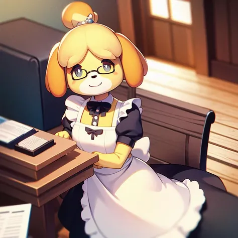 1girl, solo, masterpiece, best quality, illustration, absurdres, cute, film_grain, extremely detailed face, perfect lighting, <lora:shizue_Isabelle:0.7>, isabelle (animal crossing), indoors, topknot, animal ears, closed mouth, furry, dog girl, cowboy shot,...