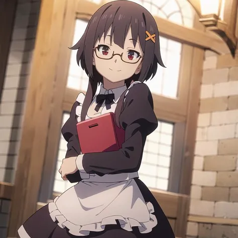 1girl, solo, masterpiece, best quality, illustration, absurdres, cute, film_grain, extremely detailed face, perfect lighting, smile, cowboy shot, <lora:Megumin:0.8>, Megumin, maid, maid dress, glasses, hair ornament,