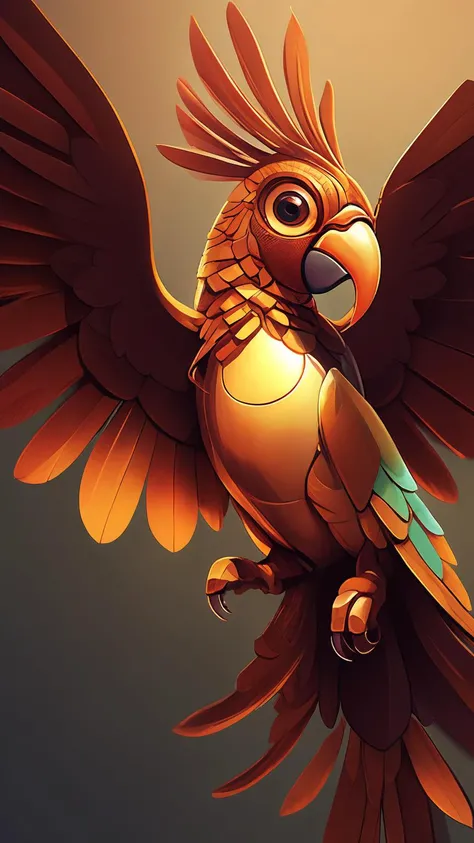 An industrial mechanical monster parrot with spread wings. nuts and gears holding the body and wings together. Incredibly intricate and highly detailed brushed copper feathers., a digital anime illustration.