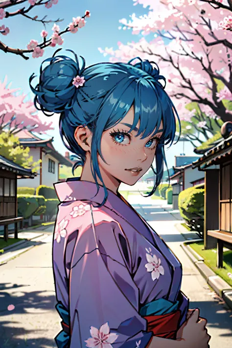 ( masterpiece, best quality, highres:1.3)
 <lora:CyberCheriDream:0.8>
CyberCheriDream, 1girl, solo, blue eyes, blue hair, double bun, yukata, japan, cherry blossoms, hair ornament