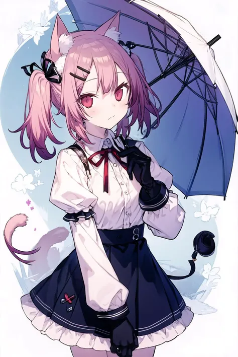 <lora:last:1>1girl, gloves, umbrella, holding, solo, skirt, ribbon, shirt, hairclip, twintails, frills, parasol, animal ears, holding umbrella, cat ears, long sleeves, black ribbon, looking at viewer, hair ornament, white shirt, closed mouth, long hair, bl...