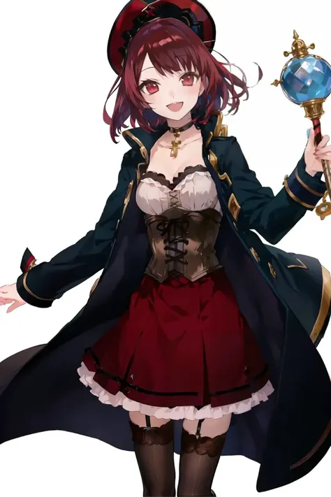 <lora:last:0.9>, sophie neuenmuller, choker, collared coat, corset, cross-laced clothes, dress, headdress, holding staff, long coat, long sleeves, looking at viewer, open coat, red hair, red skirt, short hair, smile, thighhighs,