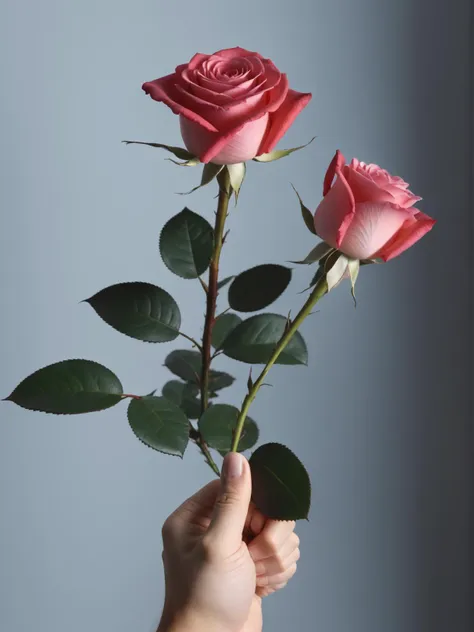 someone holding a pink rose in their hand against a gray wall