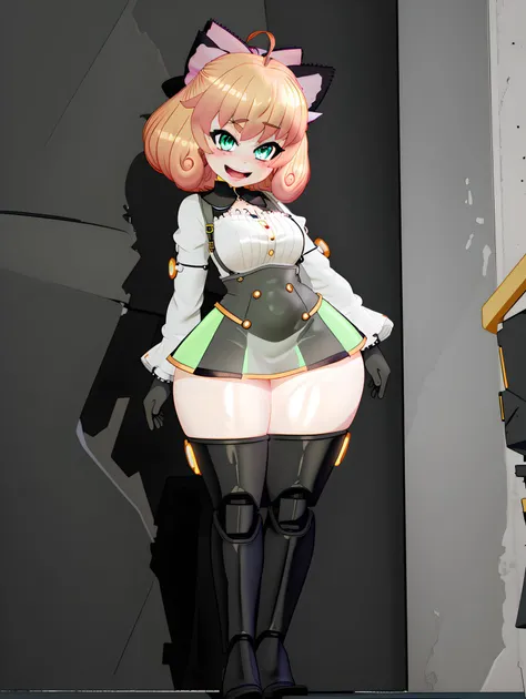 absurdres, 8k,( best quality, masterpiece:1.2), extremely detailed, highres, ultra-detailed,  <lora:PennyPolendinaV2-1024:0.8>, (thin waist, thick thighs, mechanical legs:1.5), Penny Polendina, curly hair, freckles, short hair, pink bow, gorget, black thig...