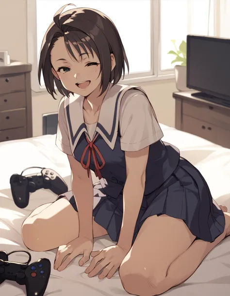 anime girl sitting on bed with video game controller in hand