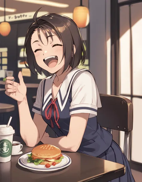 anime girl sitting at a table with a plate of food and a cup of coffee