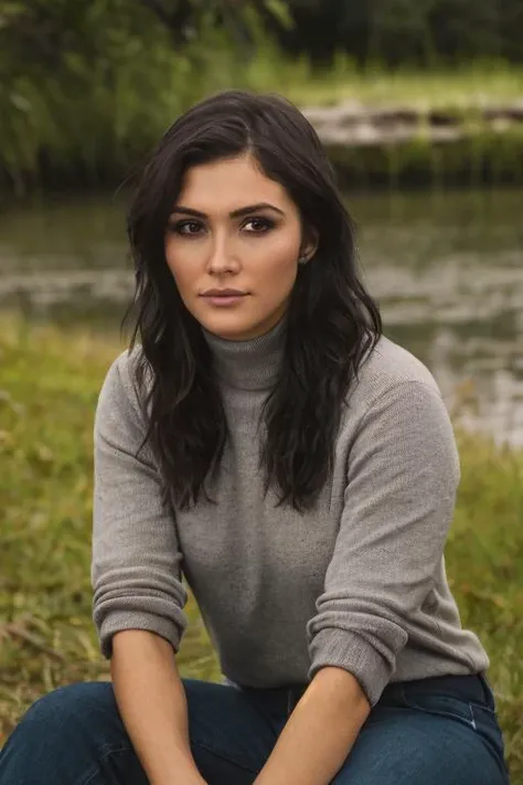 (((Close up head portrait))), ((Wearing a turtleneck sweater)) and ((very distressed jeans)), ((Professional Photo Shoot)), ((in the country next to a river)), ((Sitting on the grass with legs crossed)), smiling, model shoot style, extremely intricate, Hig...