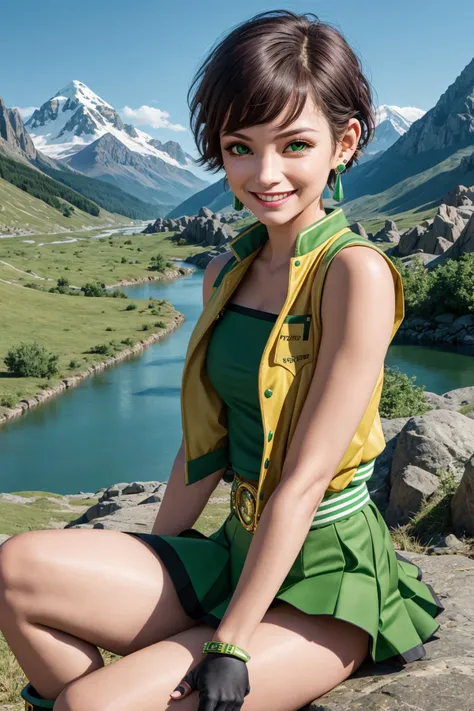 ppgzbtc, green eyes, short hair, earrings, yellow vest, green skirt, boots, sitting, smile, mountain, river <lora:PPGZ-Powered_Buttercup-000005:1>