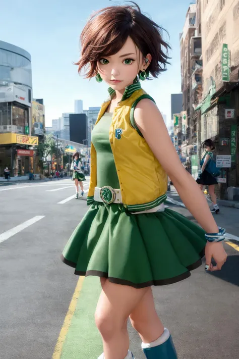 ppgzbtc, green eyes, short hair, earrings, yellow vest, green skirt, boots, walking, frown, city <lora:PPGZ-Powered_Buttercup-000005:1>