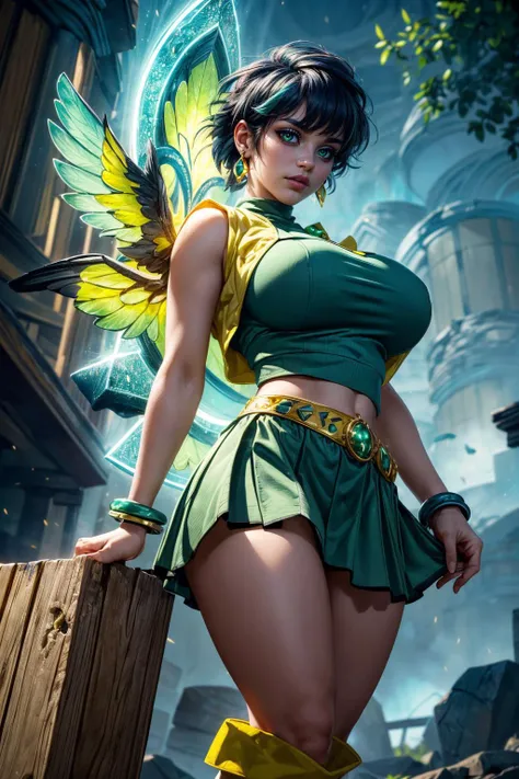 (ultra realistic,32k, masterpiece:1.2),(high detailed skin:1.1),( high quality:1.1),
<lora:PPGZ-Powered_Buttercup:0.8>ppgzbtc,dark blue hair,  green eyes, short hair, earrings, yellow vest, green skirt, boots, elemental haven, elemental forces, balance of ...