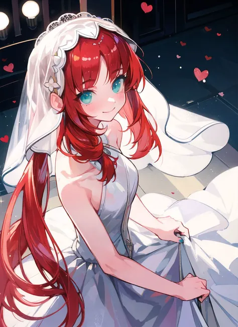 1girl, standing, looking at viewer, smile, from side, &:
blush, full face blush, shy,
<lora:nilouGenshinImpact_v10:0.8>
nilou (genshin impact), long hair, bangs, red hair, parted bangs, twintails, nail polish, aqua eyes, very long hair,
(white wedding dre...