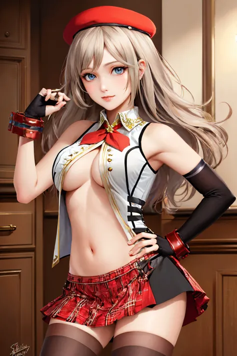 (masterpiece, best quality:1.2), solo, 1girl, ge2amiella, slight smile, looking at viewer, hand on hip, hat, plaid, underboob, elbow gloves, plaid skirt, thighhighs, navel <lora:godeater_amiella_v2:1.0>