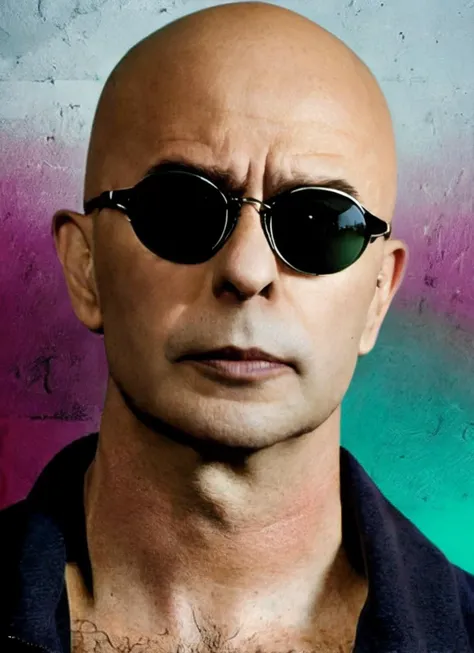 portrait of sks man ((ind1o)) like a without hair and tattoos with aviator glasses, by Flora Borsi, style by Flora Borsi, bold, bright colours, dark Mohawk haircut, ((Flora Borsi)) <lora:ind1o:1>