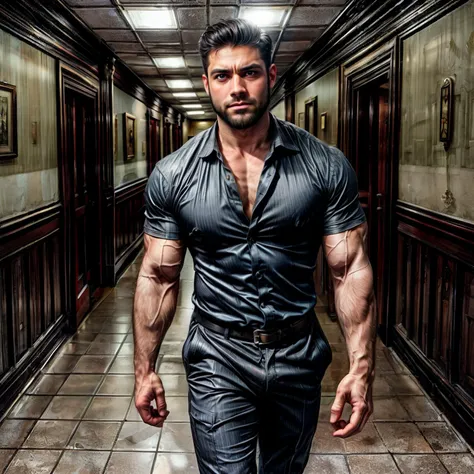 arafed man in a black shirt and leather pants walking down a hallway