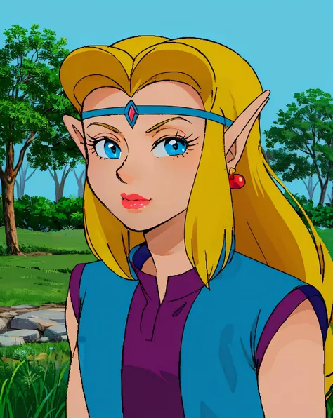 1girl, tsmbsszelda, blonde hair, long hair, green eyes, earrings, lipstick, makeup, pointy ears, tiara, vest, upper body, looking at viewer, solo, grass, blue sky, meadow background, retro artstyle, 1990s (style), <lora:ZeldaCDI256NAI:.75> <lora:Zelda80s:....