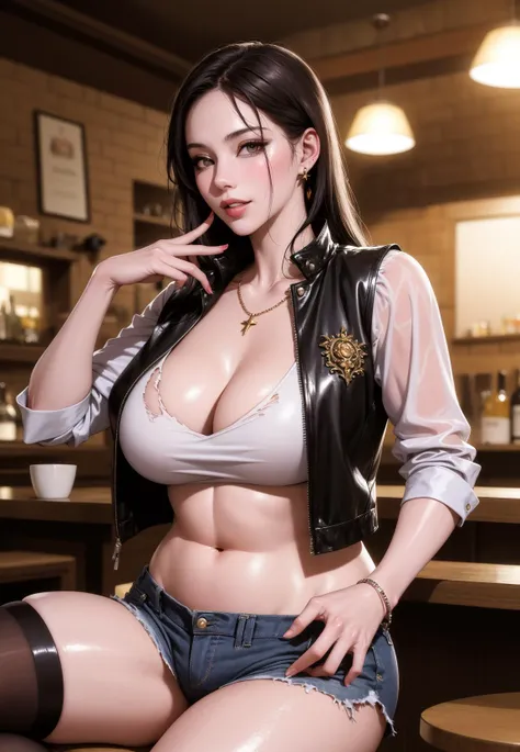 (masterpiece:1.2, best quality), realistic, (real picture, intricate details, depth of field), parted lips, highly-detailed, perfect face, perfect body, oversize model, mature female,looking at viewer,bar,sitting, bar stool,indoors, milf,sexy pose,(plump:1...