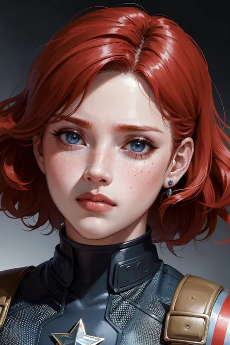 (masterpiece:1.2), (best quality:1.2) (detailed) (intricate) (8k) (HDR)
redhair, freckles, short hair, female captain America, (female:1.4), (blue suit), extreme close up, Face close up,
<lora:weight_slider_v2:1>,