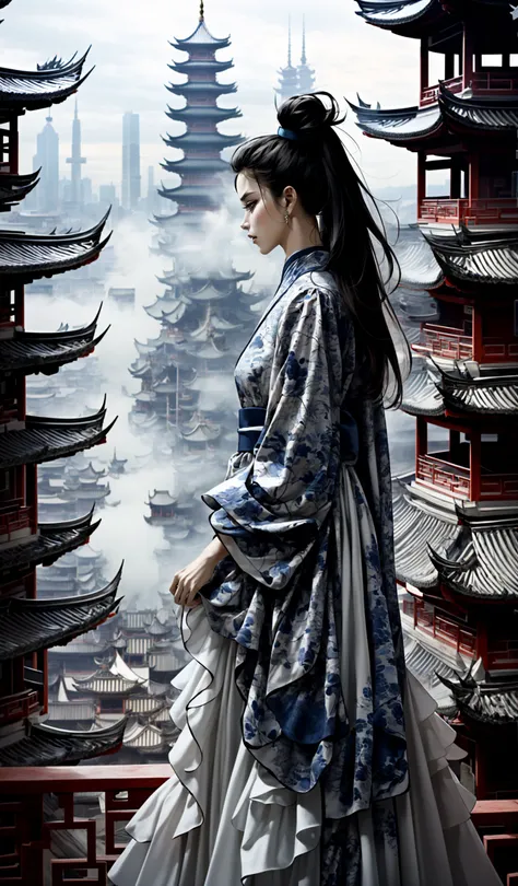 (dramatic, gritty, intense:1.4),masterpiece, best quality, 32k, insane details, intricate details, hyperdetailed, hyper quality, high detail, ultra detailed, Masterpiece, elaborate Hanfu(blue Hanfu:1.4)(Chinese architecture:1.5)blue (profile:1.4), uppe...