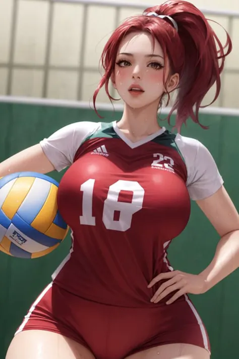 a woman in a red and white uniform holding a volleyball ball