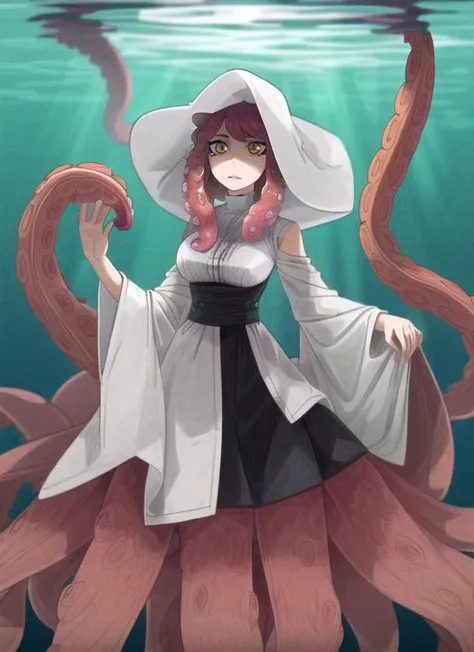 a woman in a white hat and black dress standing on an octopus