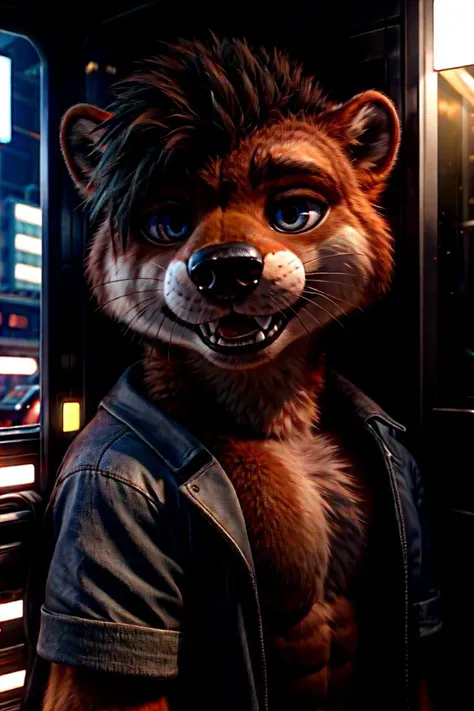 araffe in a jacket and shirt standing in front of a vending machine