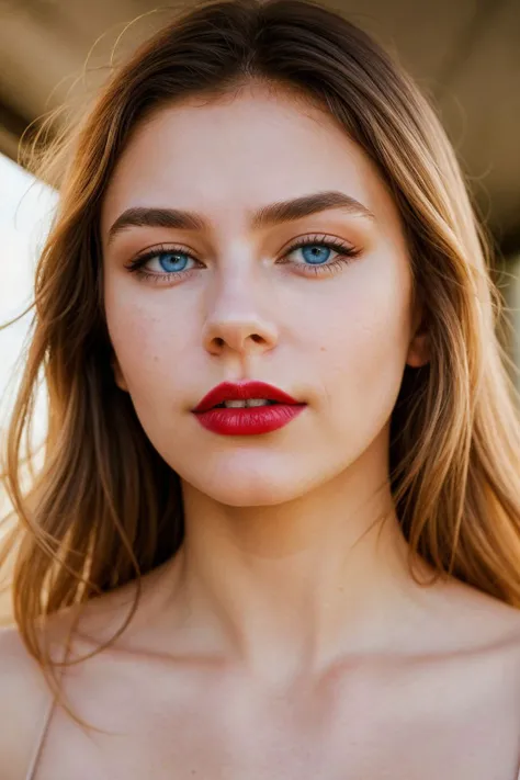 candid photography, a mesmerizing portrait captured in the late afternoon glow, featuring a stylish woman with windswept hair, vibrant red lipstick, and piercing blue eyes. Her expression is enigmatic, hinting at untold stories and hidden depths, detailed ...