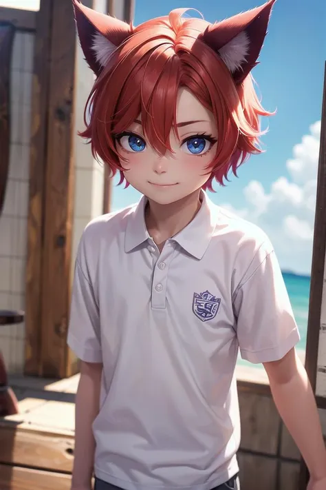 anime girl with red hair and blue eyes wearing a white shirt