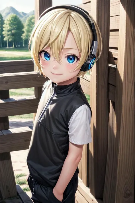 a young boy with headphones standing in front of a wooden fence