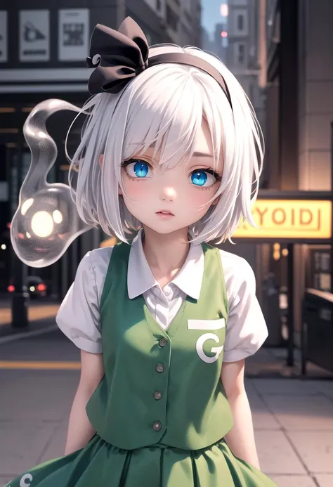 <lora:youmu-mver:0.7> 1girl, white hair,short hair,hair ribbon,hairband, green eyes,bow,white shirt,green vest,green skirt, || k...