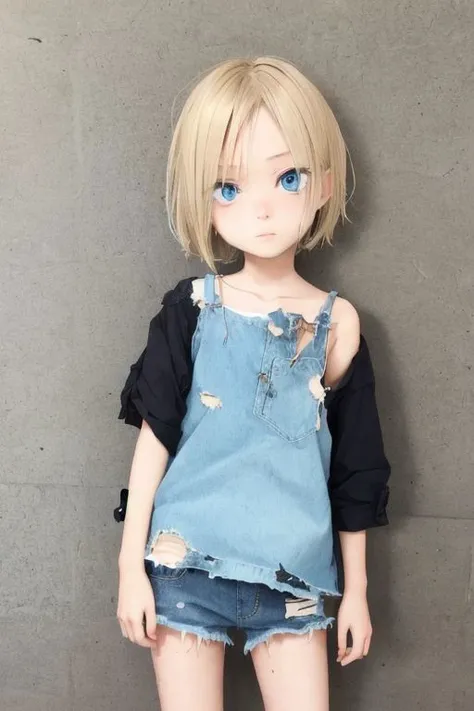 1 girl, slender face, Messy and short blonde hair, eyes are a striking shade of blue, very fair complexion, average height, ratty and torn clothes, HD, Anime, Child